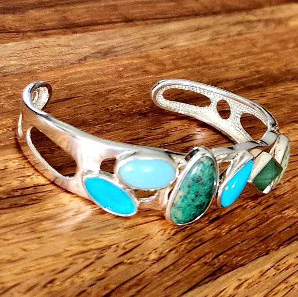WHITNEY KELLY Sterling Silver Turquoise, Chrysocolla, Chalcedony Cuff Bracelet! - Picture 3 of 12